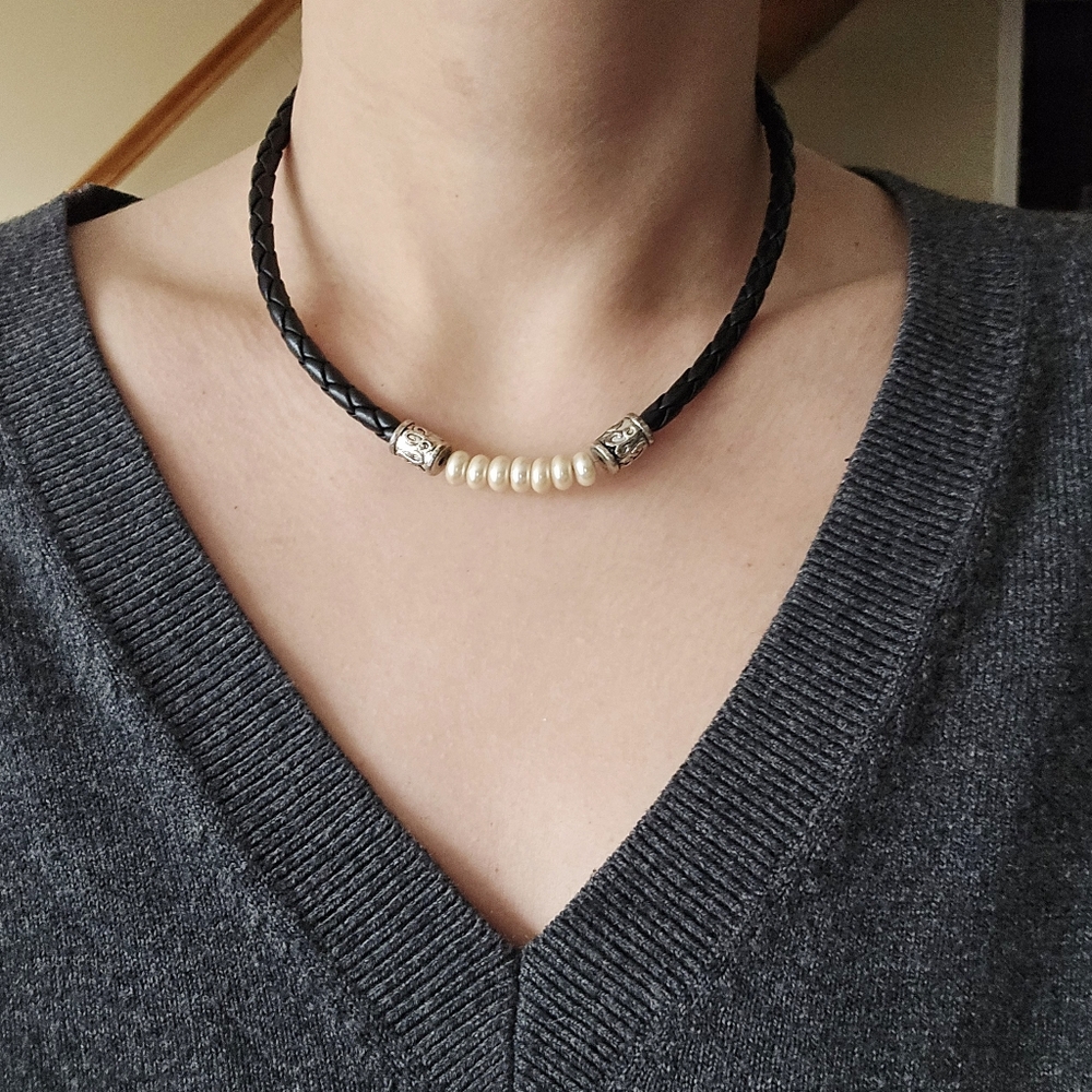 Vintage Faux Pearl Leather Like Bohemian Boho Clavicle Necklace